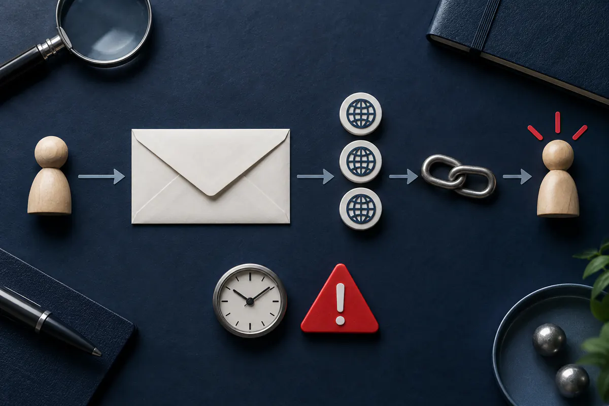 Illustration éditoriale : Parcours compact pour vérifier expéditeur, destination, lien et urgence d’un message