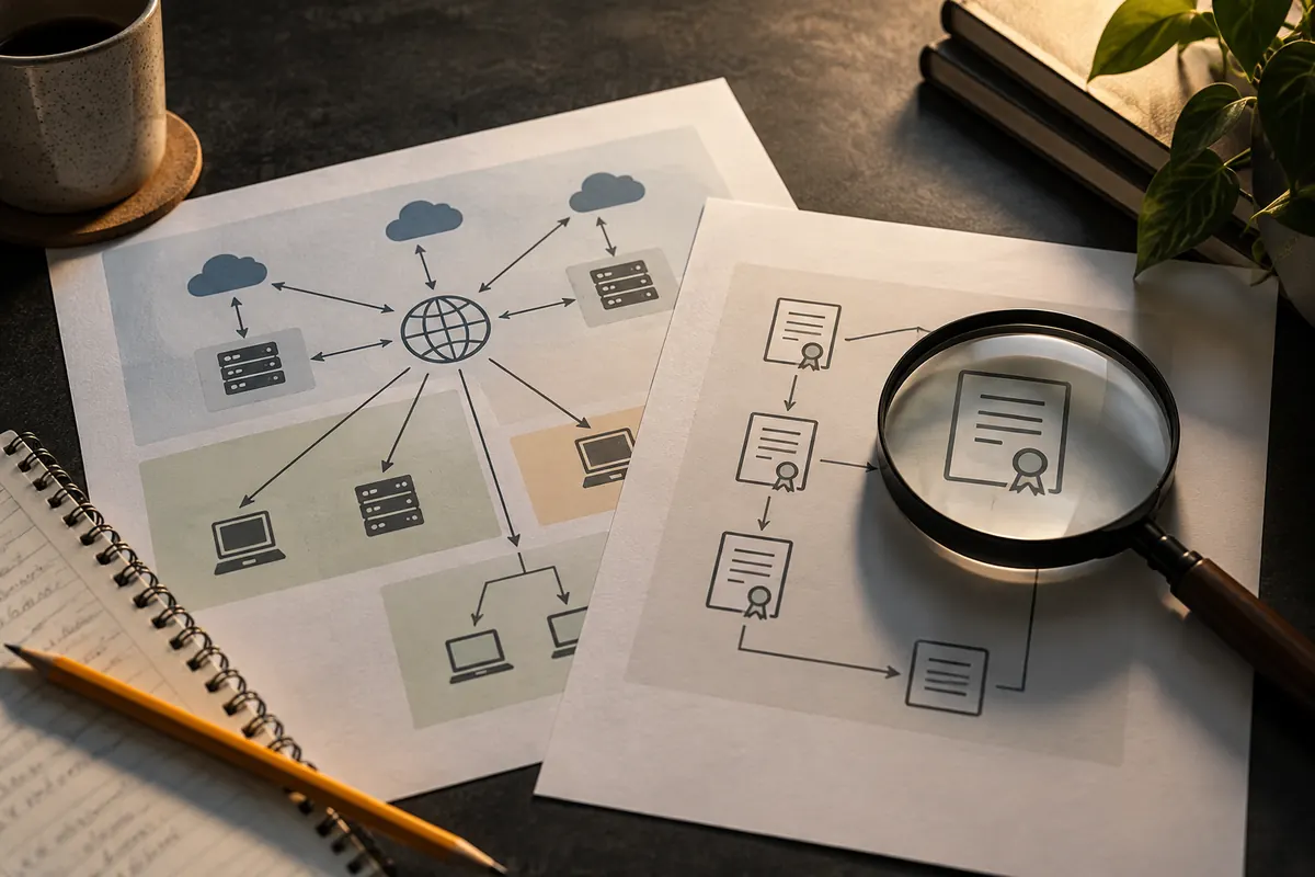 Illustration éditoriale : Documents de relations entre domaines, certificats et hébergements publics