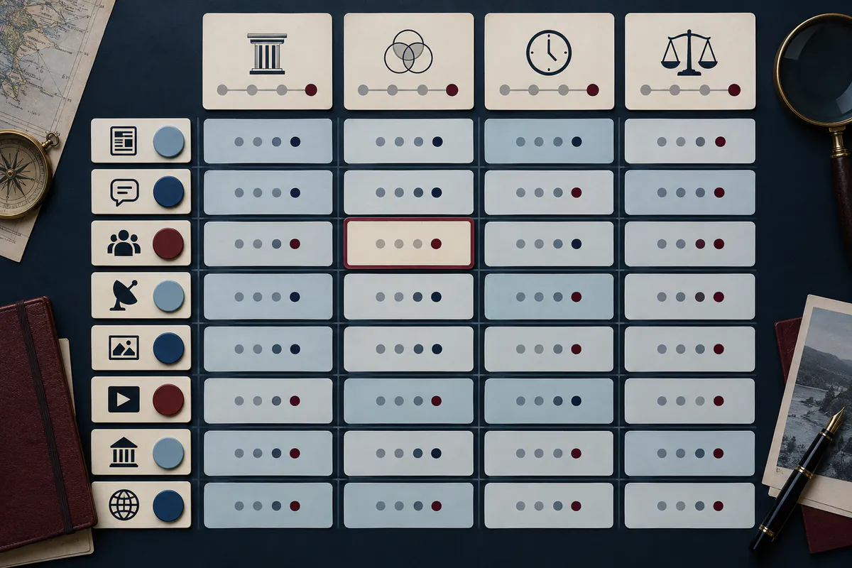 Illustration éditoriale : Matrice visuelle pour comparer provenance, indépendance et fraîcheur des sources