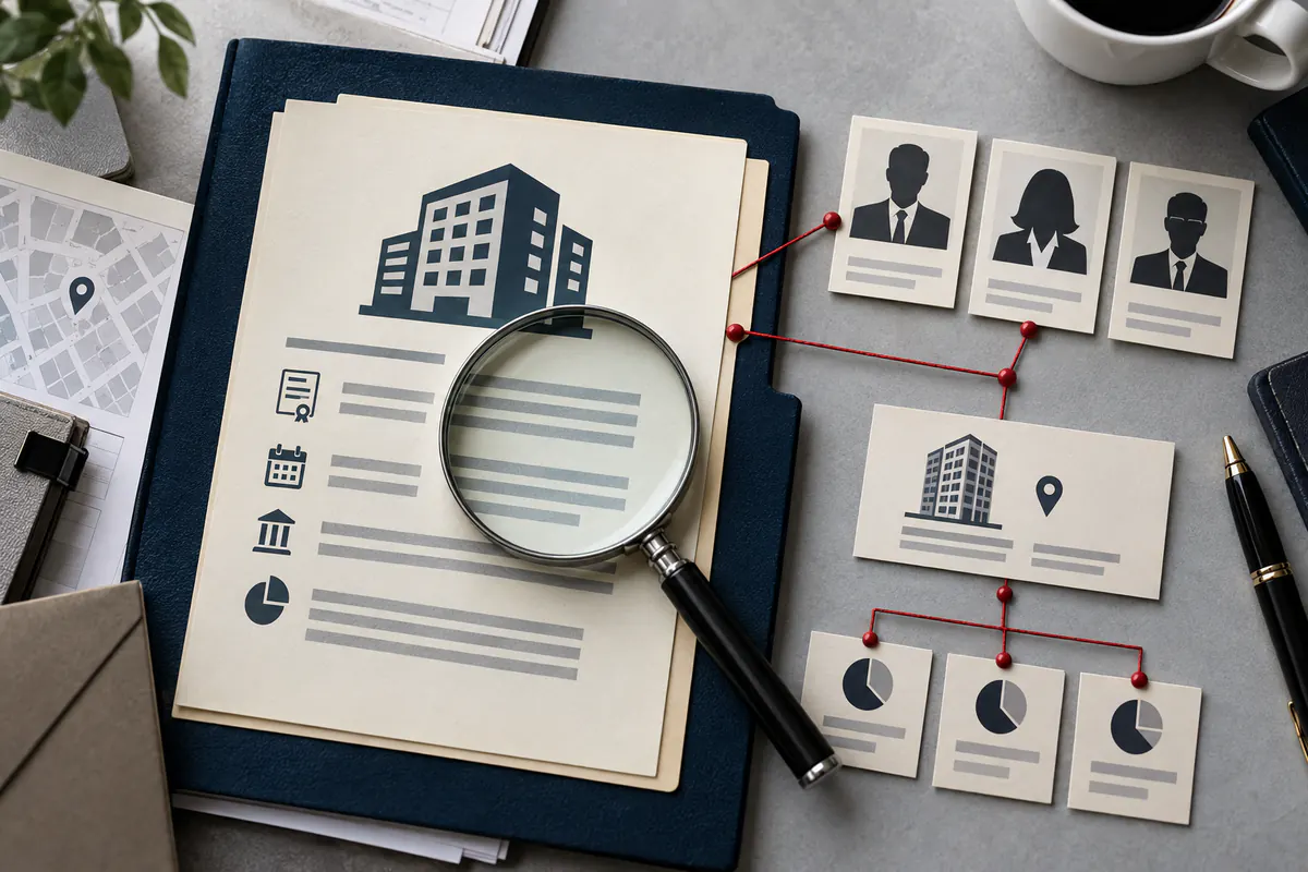 Illustration éditoriale : Identité juridique, dirigeants, adresse et liens de contrôle d’une entreprise