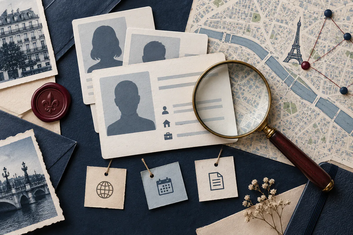 Illustration éditoriale : Dossier de recoupement d’identité en ligne sur une carte de Paris