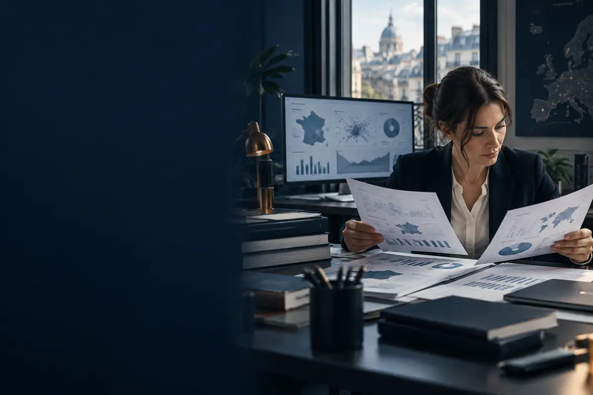 Analyste comparant des rapports cyber officiels et des tableaux statistiques dans un observatoire parisien
