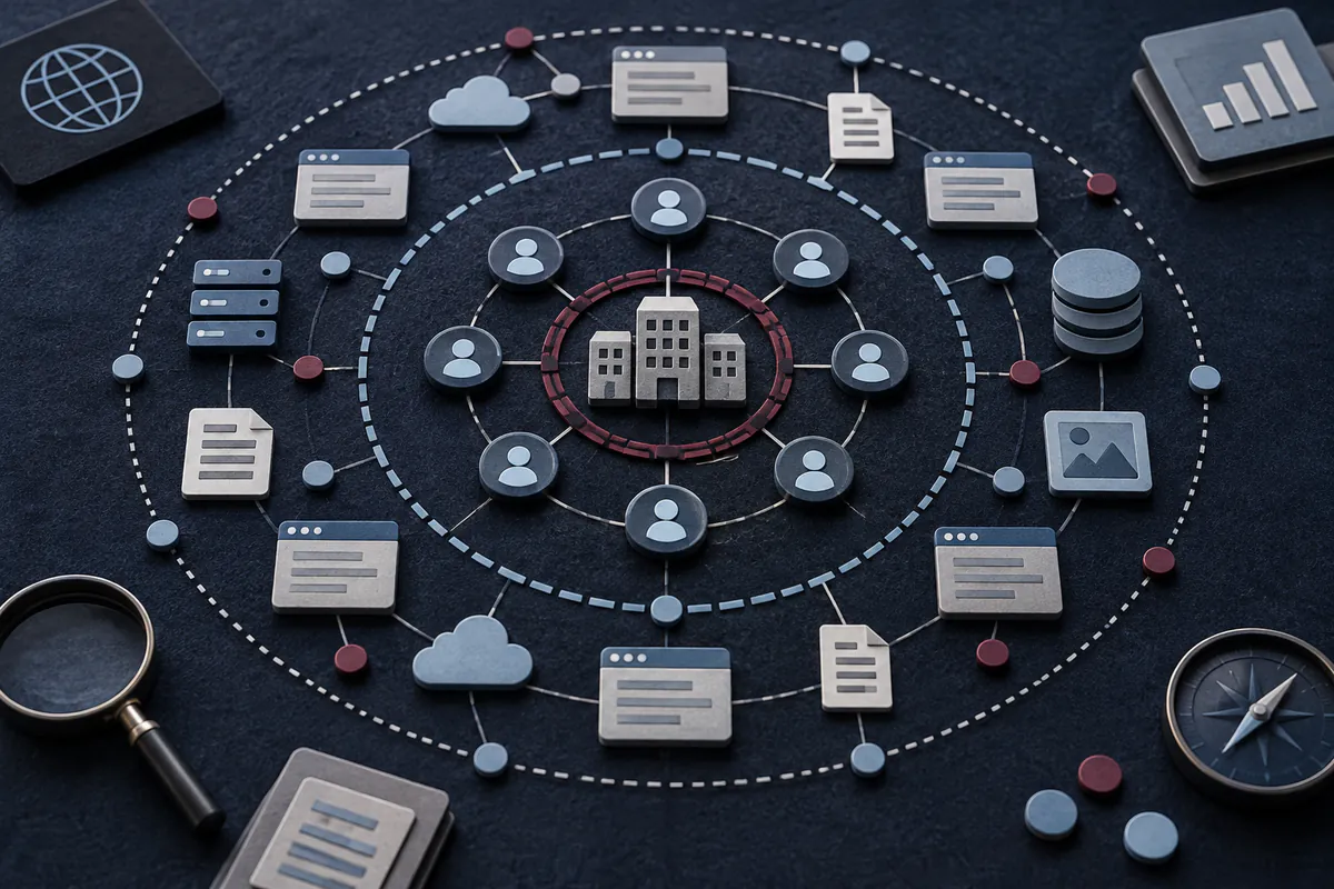 Editorial illustration: Circular map of public accounts, domains, documents and digital assets