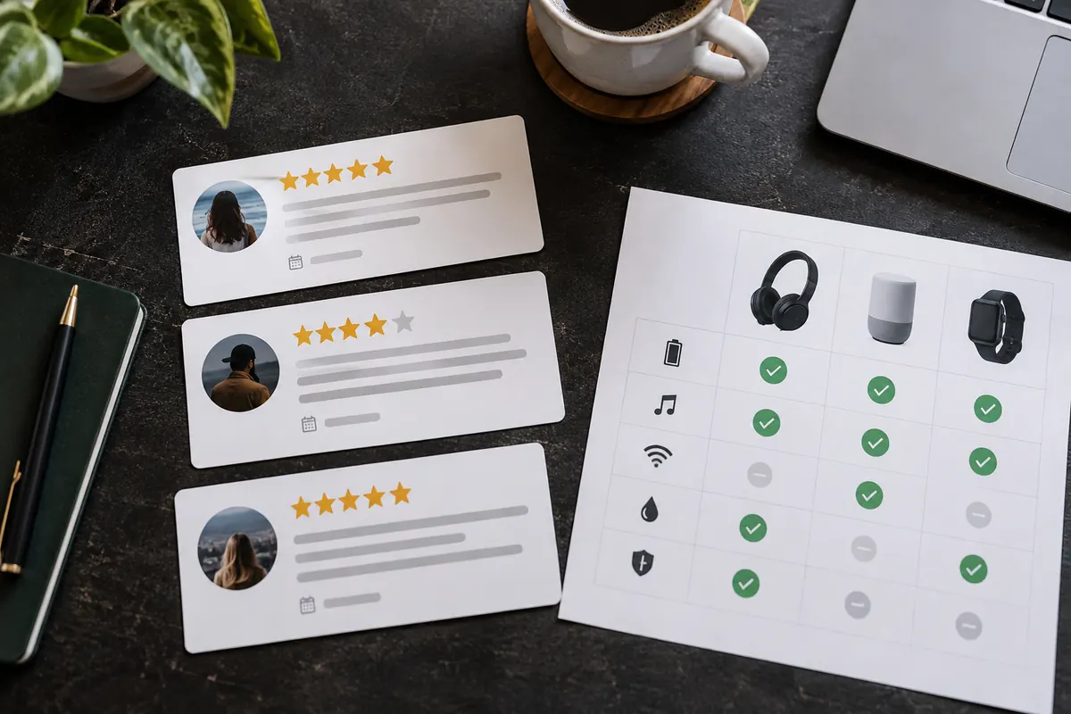 Editorial illustration: Anonymised reviews and date markers compared on a desk
