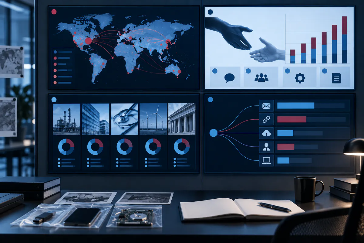 Editorial illustration: Separate public cyber-threat data modules arranged on an evidence wall