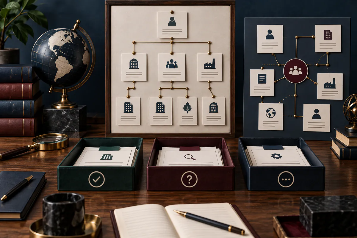 Editorial illustration: Ownership trees and decision trays for a digital due diligence review
