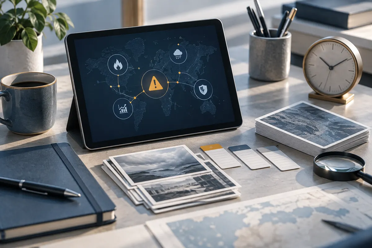 Editorial illustration: Incident alert tablet and evidence cards arranged on an analysis desk