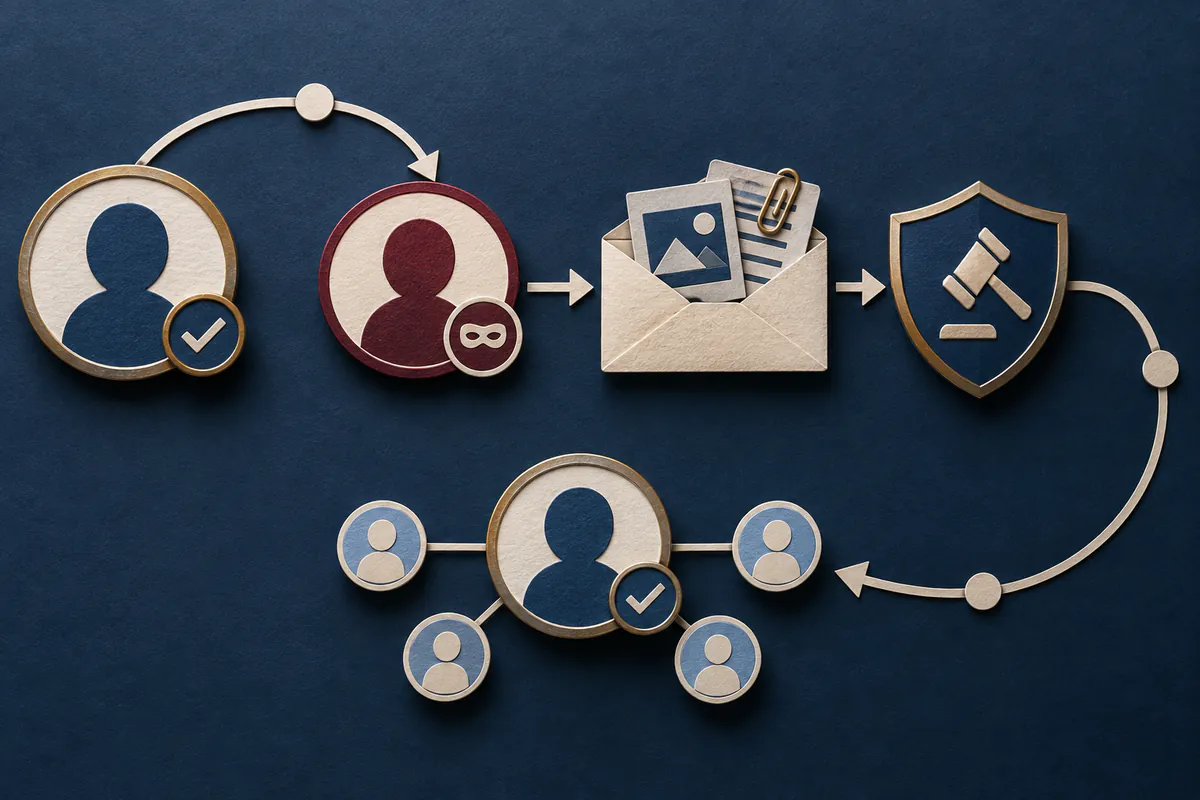 Editorial illustration: Evidence and reporting pathway from a fake profile to restored contacts