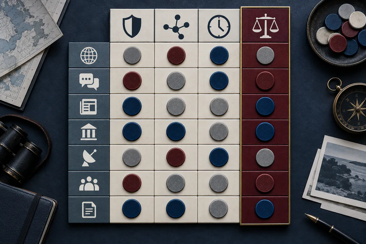 Editorial illustration: Physical matrix comparing provenance, independence, freshness and evidential value