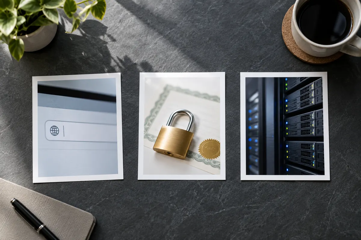 Editorial illustration: Domain registration, certificate and hosting evidence cards