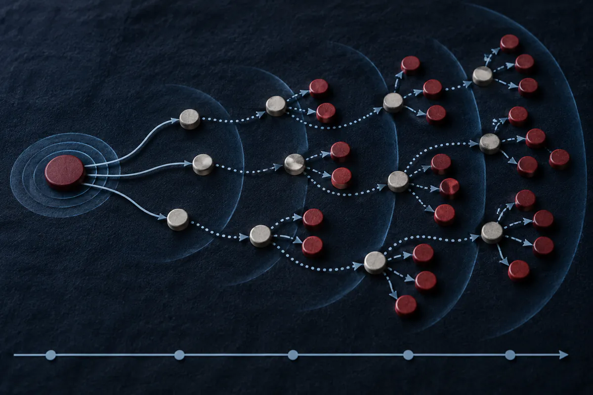 Editorial illustration: Wave-like propagation path from one source to independent and copied relays
