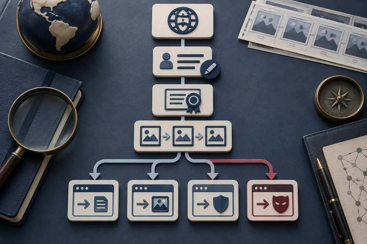 Editorial illustration: Public domain history, certificate and archive branches for a suspicious site