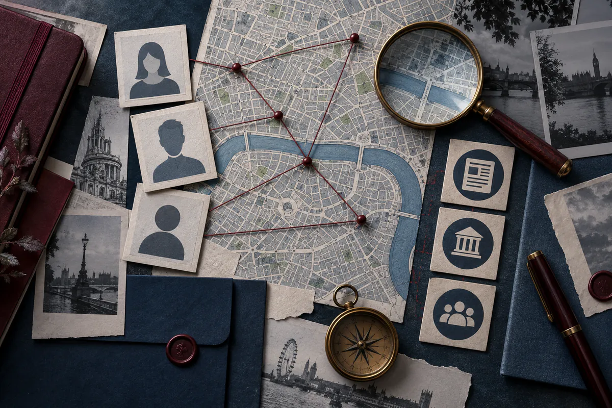Editorial illustration: Online identity corroboration file arranged over a London map