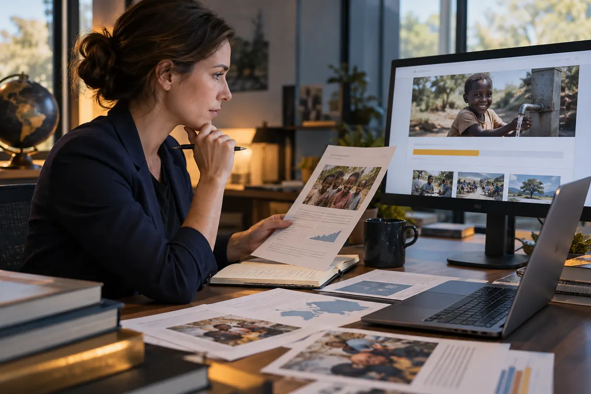 Analyst checking a fundraising appeal against public organisation and project records