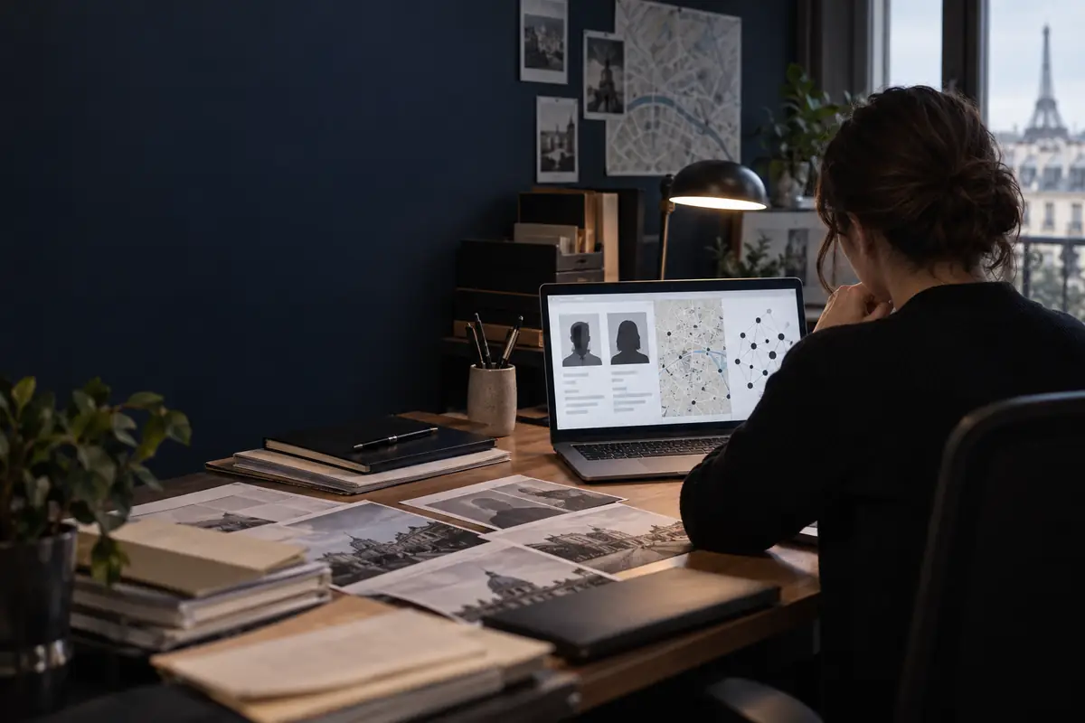 Analyste recoupant des profils publics, des repères géographiques et une chronologie dans un bureau parisien