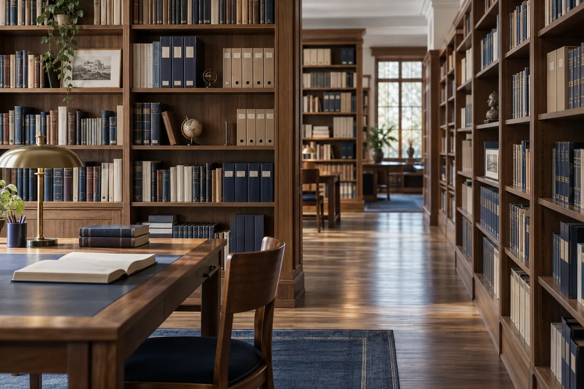 Editorial illustration: Bookshelves in a library