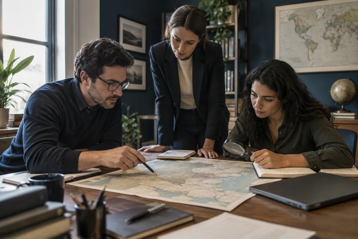 Editorial illustration: Three people examine a map with a magnifying glass