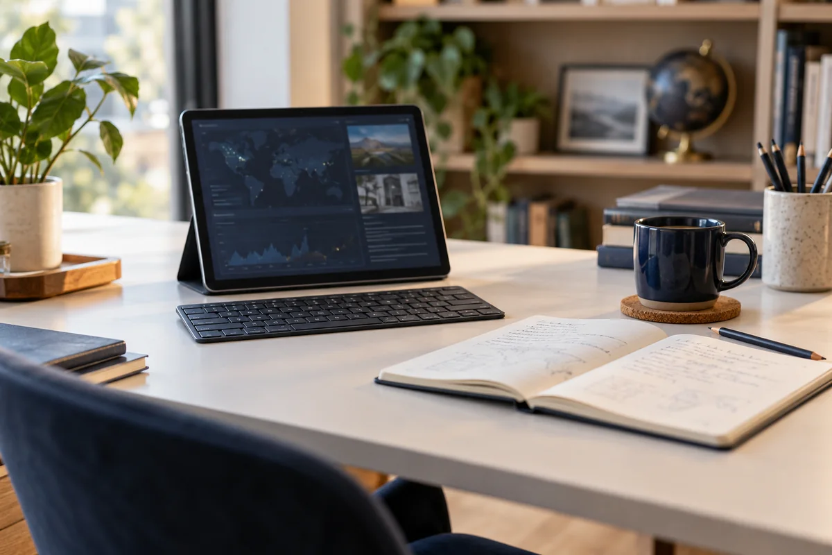 Editorial illustration: Tablet, keyboard and notebook on a light desk