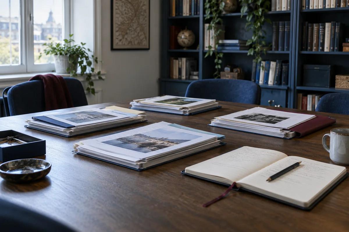 Illustration générée par IA : Dossiers fictifs et carnet de travail sur une table de bibliothèque